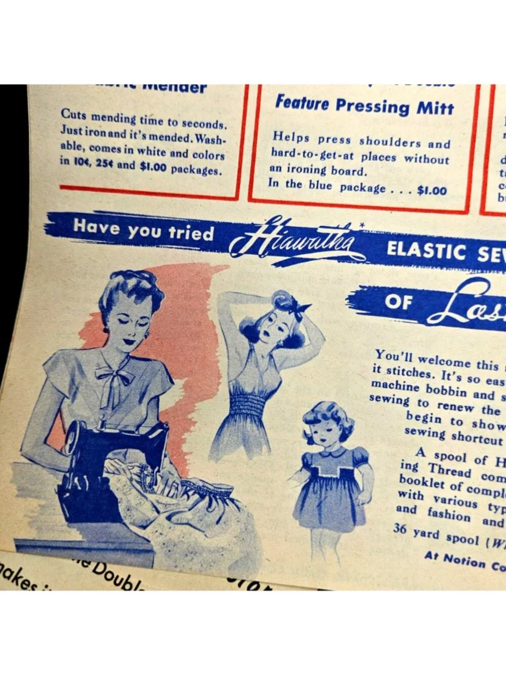 Vintage 1945 Sewing Lot Glide-Tex Pressing Cloth Clip-Ons Linen Hankie Transfer
